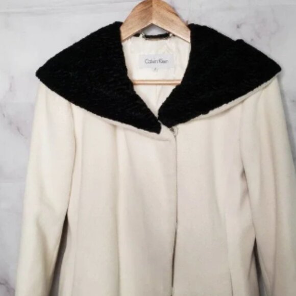 CALVIN KLEIN white wool blend black collar mid-length winter coat 2 - Picture 3 of 8